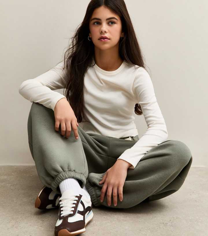 Girls Khaki Contrast Trim Tie Waist Oversized Joggers