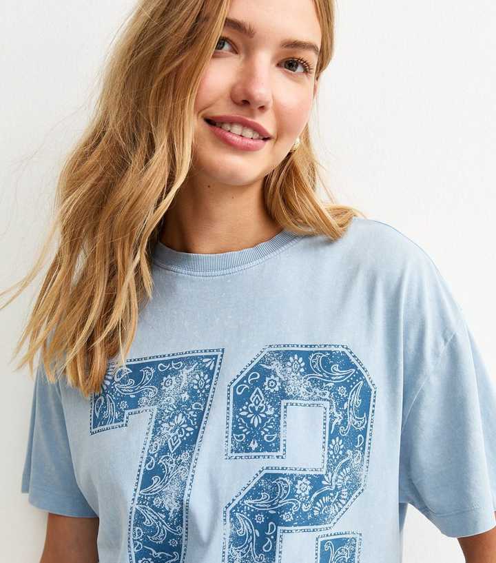 Blue Patterned 72 Print Oversized T-Shirt