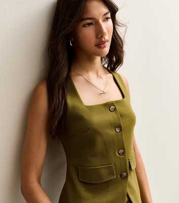 Green Square Neck Button Through Sleeveless Top