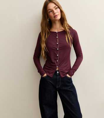 Burgundy Button Through Long Sleeve Top