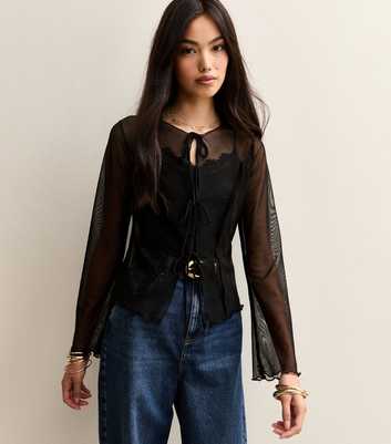 Black Tie Front Long Sleeve Mesh Top