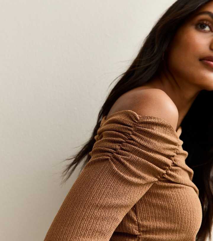Light Brown Asymmetric Ruched Waist Long Sleeve Top