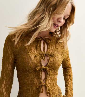 Brown Lace Tie Front Long Sleeve Top
