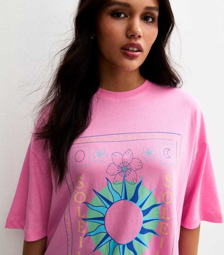 Bright Pink Oversized Sun Print T-Shirt | New Look