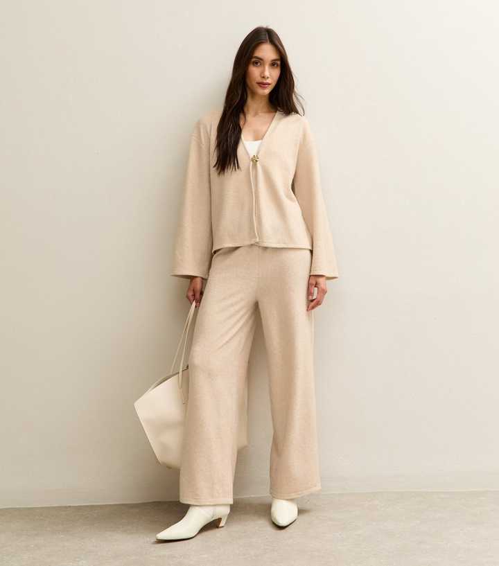 Cream Soft Touch Wide Leg Brushed Trousers