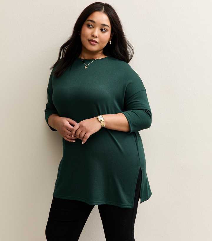 Curves Dark Green Cropped Sleeve Longline Jumper