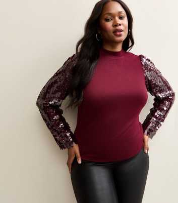 Curves Dark Burgundy Soft Touch Sequin Sleeve Top