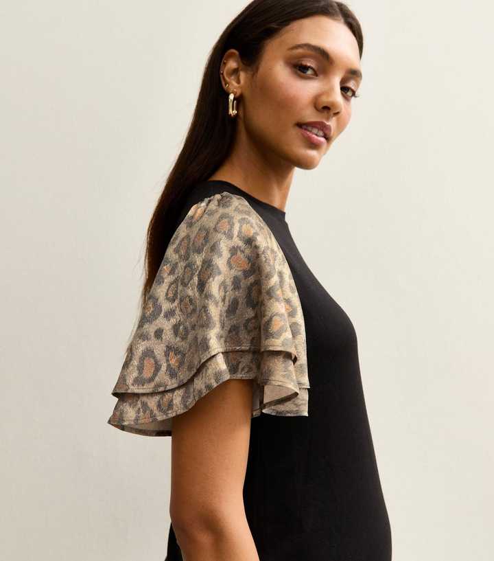 Maternity Black Soft Touch Animal Print Flutter Sleeve Top