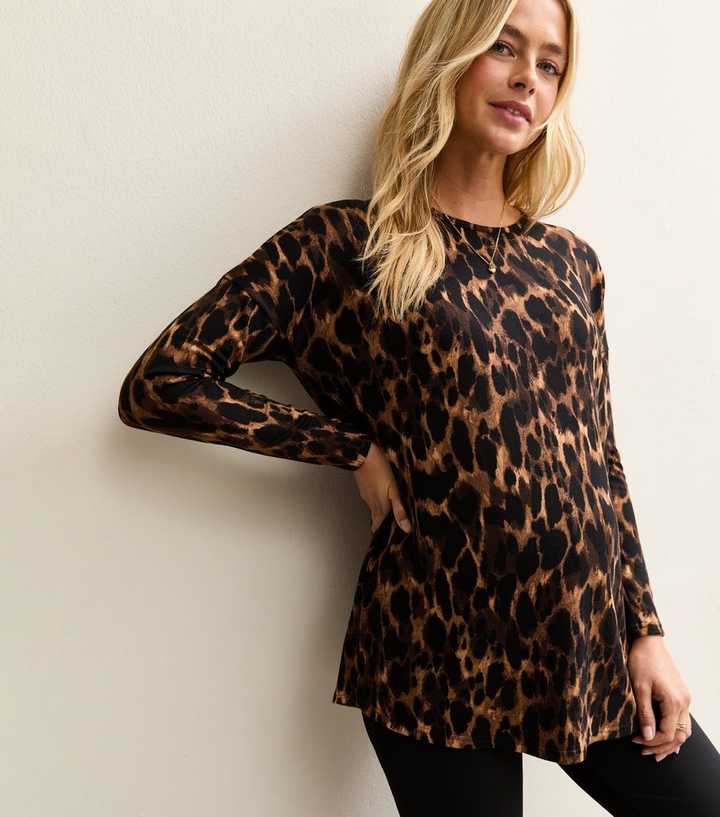 Maternity Brown Soft Touch Leopard Print Step Hem Top