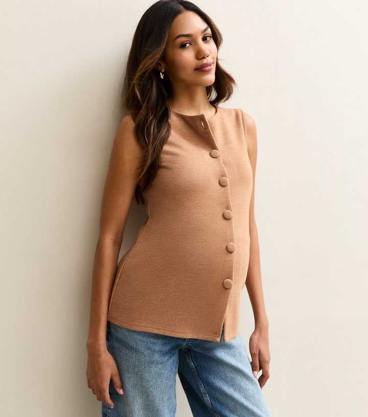 Maternity Camel Compact Knit Split Waistcoat