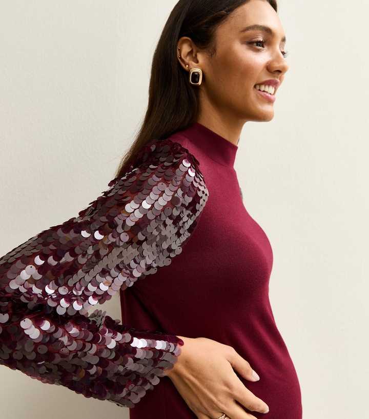 Maternity Burgundy Soft Touch Sequin Sleeve Top