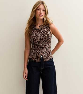 Brown Leopard Print Button Through Tank Top