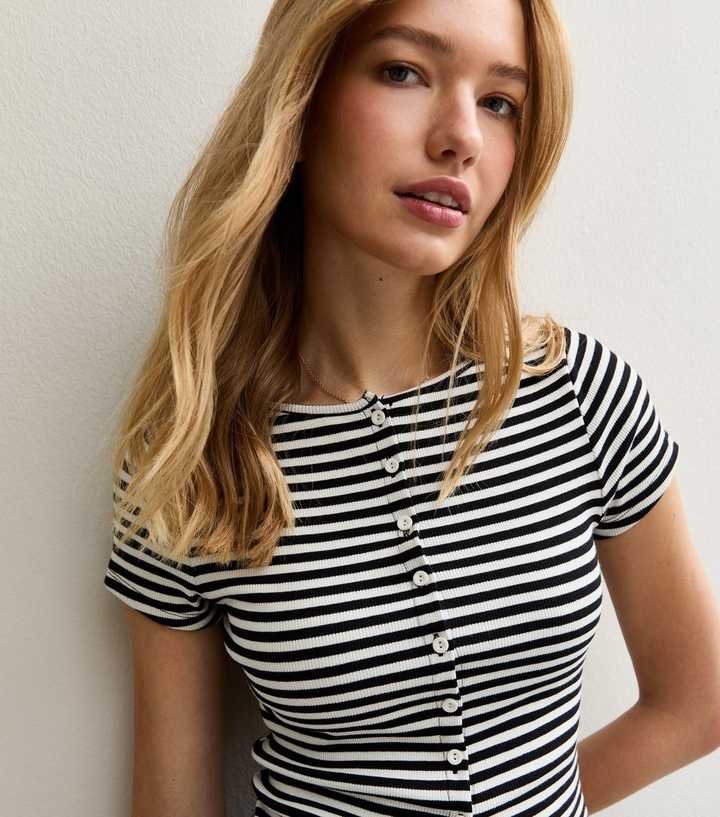 Black Ribbed Striped Short Sleeve Button Through T-Shirt