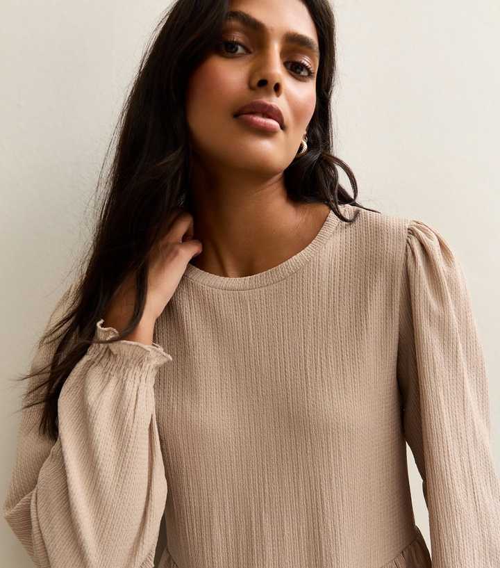 Beige Long Sleeve Smock Mini Dress | New Look Beige Long Sleeve Smock Mini Dress | New Look