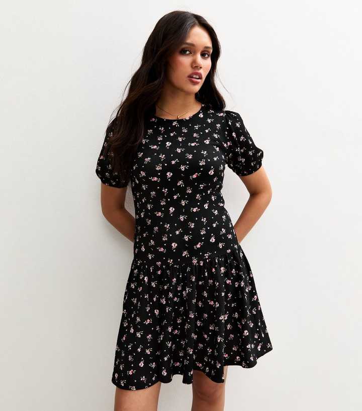 Black Ditsy Print Smock Mini Dress