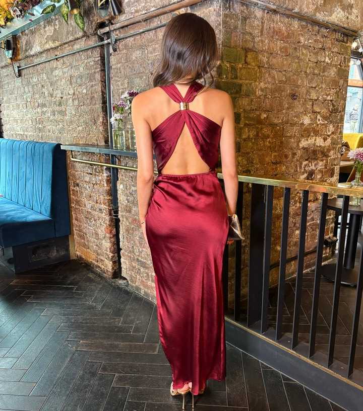 open lace back dress Aspen Midi Dress - Deep Red Satin Slip Dress