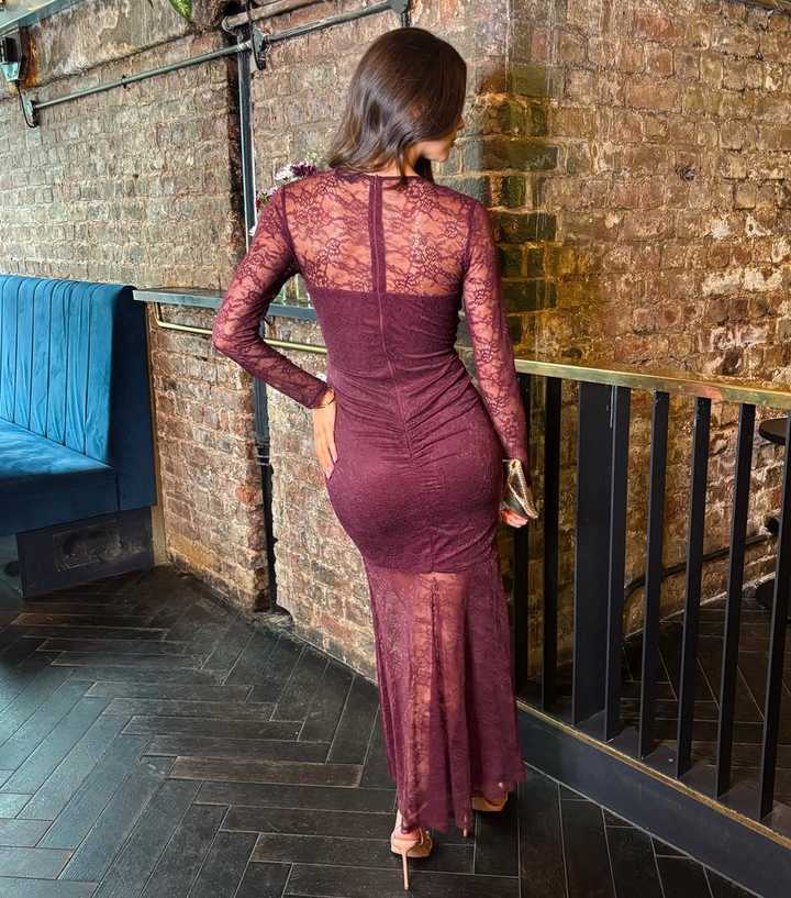 ax paris burgundy lace dress Exclusives New Look Ax Paris Burgundy Sweetheart 34 Sleeve Lace Midi Dress, $40 | New Look