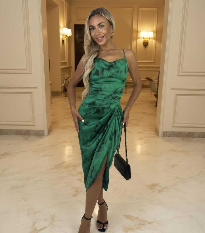 AX Paris Bright Green Ruched Cowl Neck Midi Dress | New Look