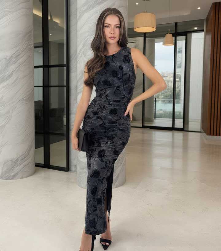 AX Paris Black Velour Floral Fitted Midi Dress