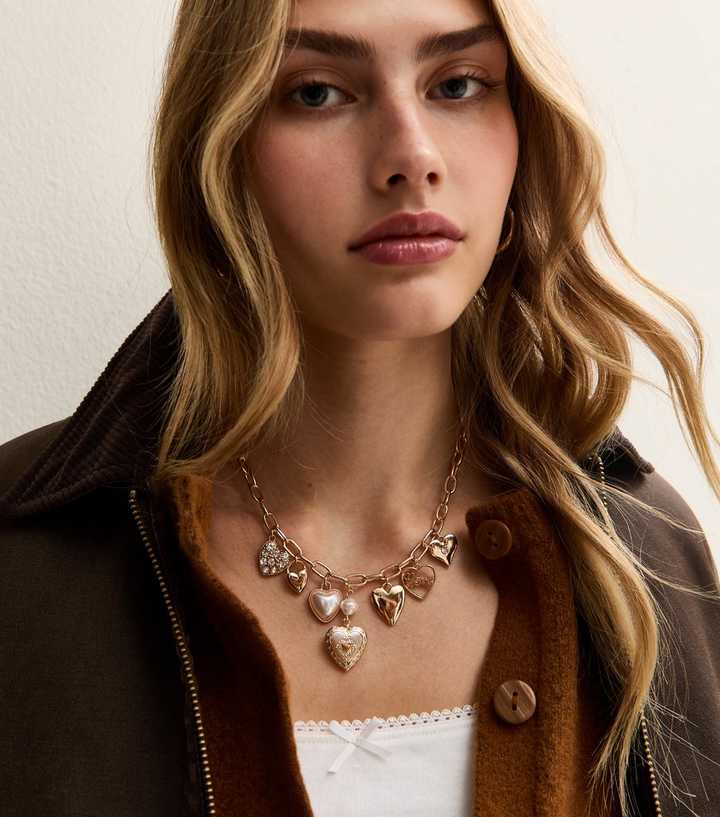 Gold Tone Embellished Heart Necklace