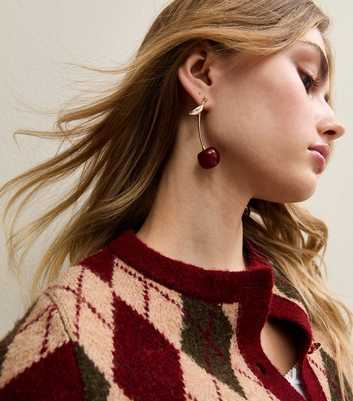 Gold Tone Burgundy Single Cherry Dropped Earrings
