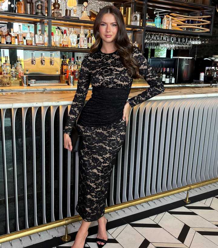 AX Paris Black Lace Long Sleeve Midi Dress | New Look