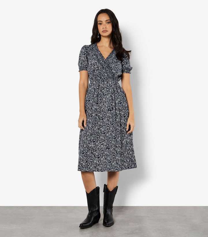 Apricot Navy Fruit Floral Print Wrap Midi Dress