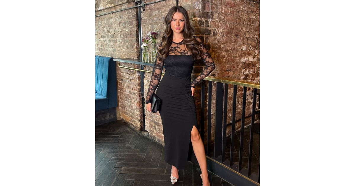 AX Paris Black Lace Panelled Bodycon Midi Dress | New Look