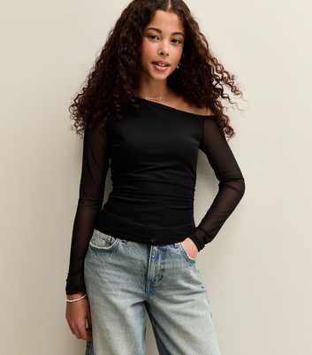 Girls Black Mesh Off The Shoulder Top
