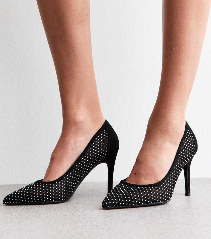 Wide Fit Black Diamante Heel Court Shoes