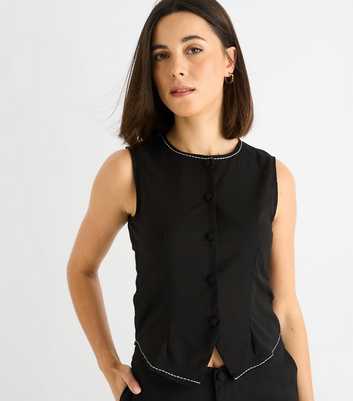 Gini London Black Contrast Stitch Button Up Top