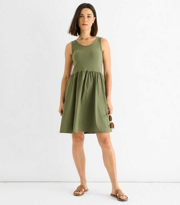 Gini London Olive Green Ribbed Bodice Skater Mini Dress