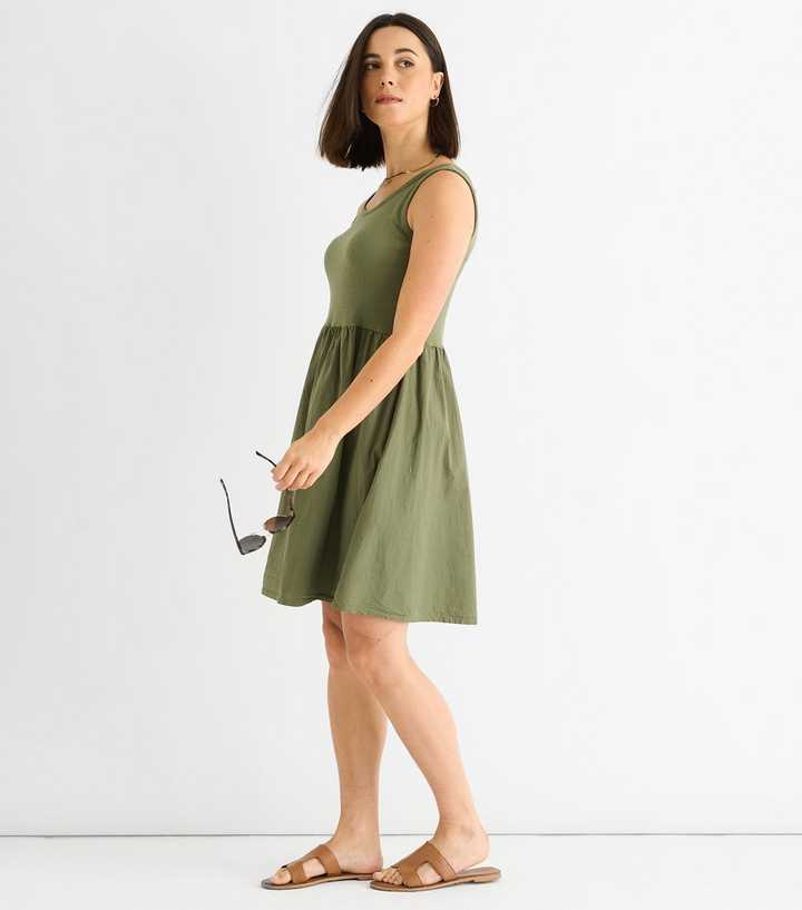 Gini London Olive Green Ribbed Bodice Skater Mini Dress | New Look