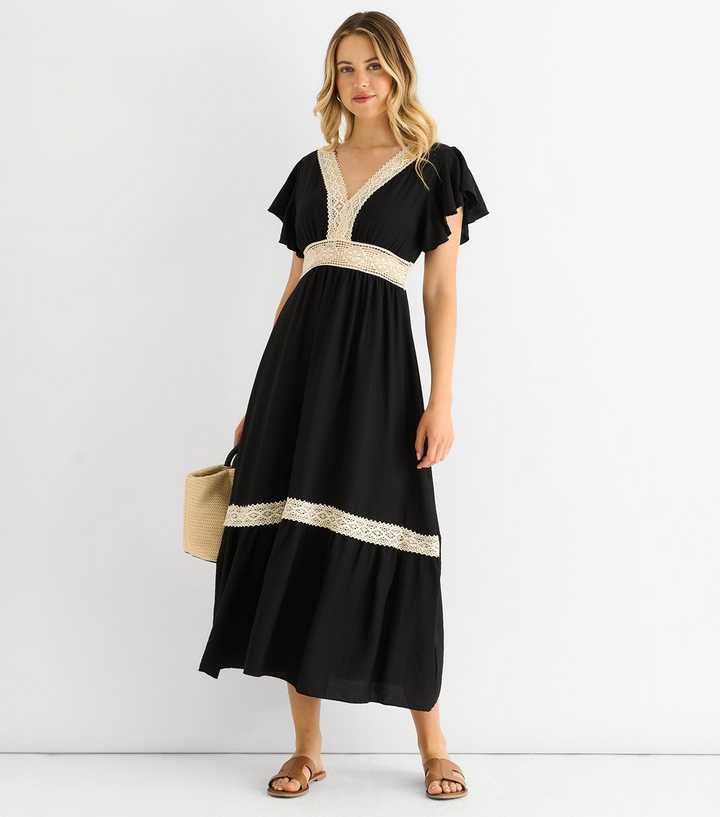 Gini London Black Crochet Lace Panel Midi Dress | New Look