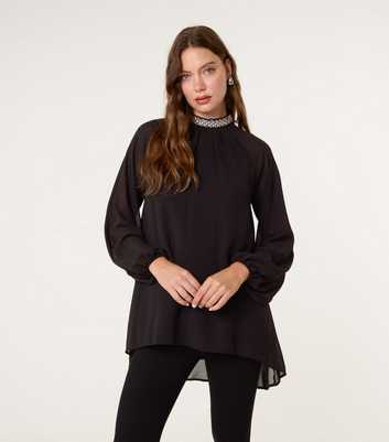 Blue Vanilla Black Embellished Collar Tunic Top
