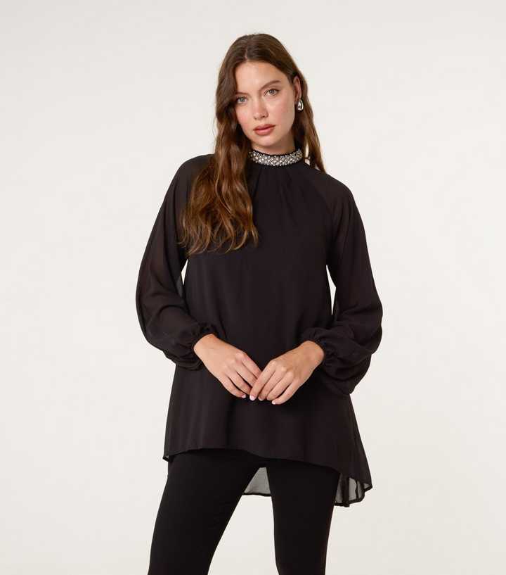 Blue Vanilla Black Embellished Collar Tunic Top