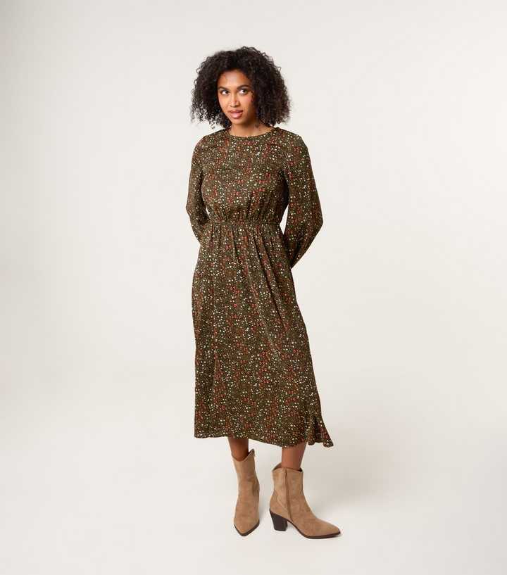 Blue Vanilla Dark Khaki Animal Print Midi Dress