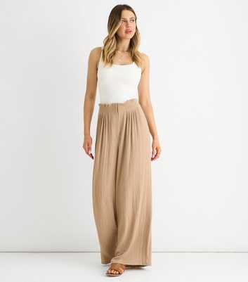 Gini London Camel Gathered Paperbag Wide Leg Trousers