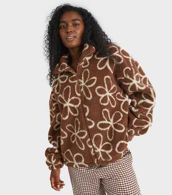 Skinnydip Light Brown Doodle Flower Borg Jacket