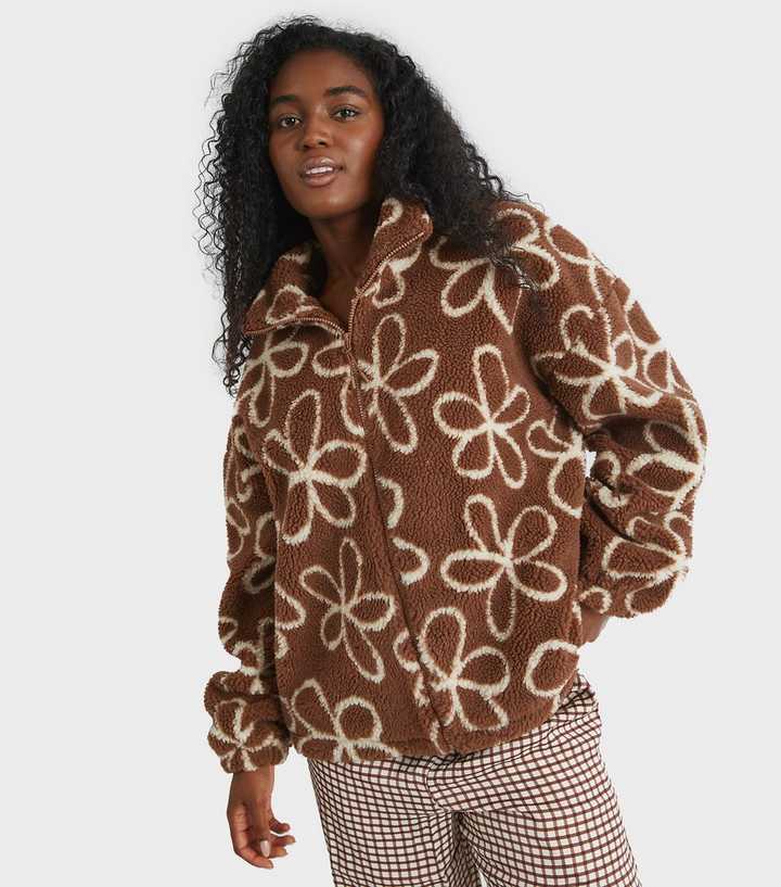 Skinnydip Light Brown Doodle Flower Borg Jacket