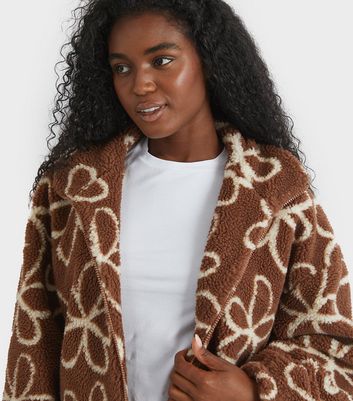 Skinnydip Light Brown Doodle Flower Borg Jacket | New Look