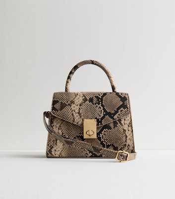 Grey Snakeskin Effect Faux Leather Twist Lock Crossbody Bag