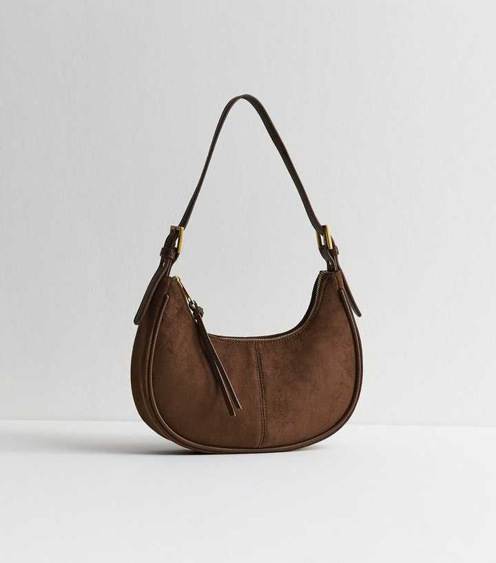 Dark Brown Faux Suede Scoop Shoulder Bag