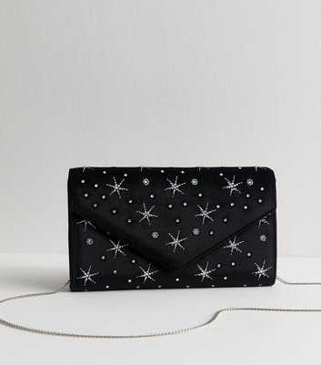 Black Faux Suede Diamante Constellation Clutch Bag