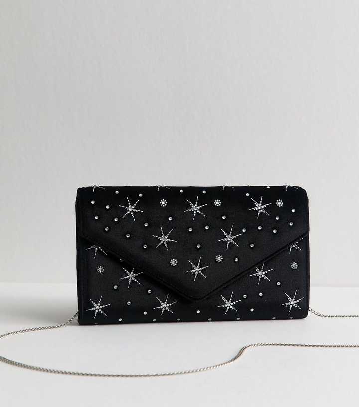 Black Faux Suede Diamante Constellation Clutch Bag