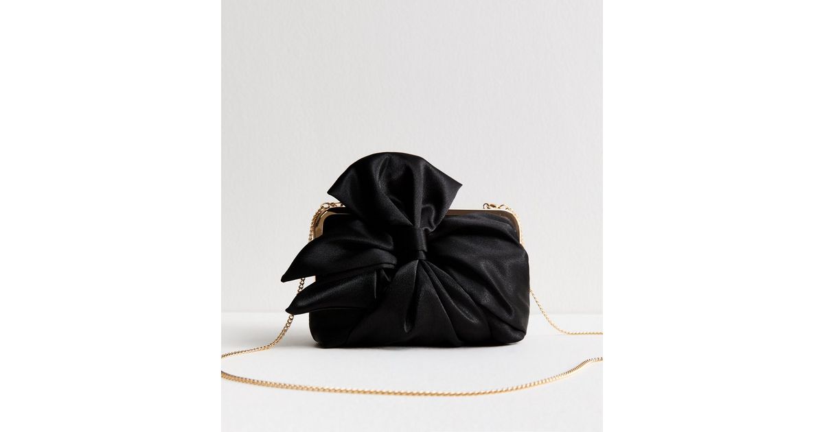 Black Bow Appliqued Satin Clutch New Look