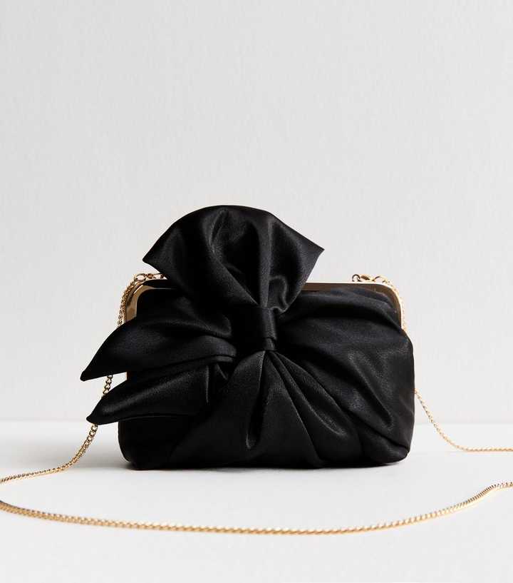 Black Bow Appliqued Satin Clutch