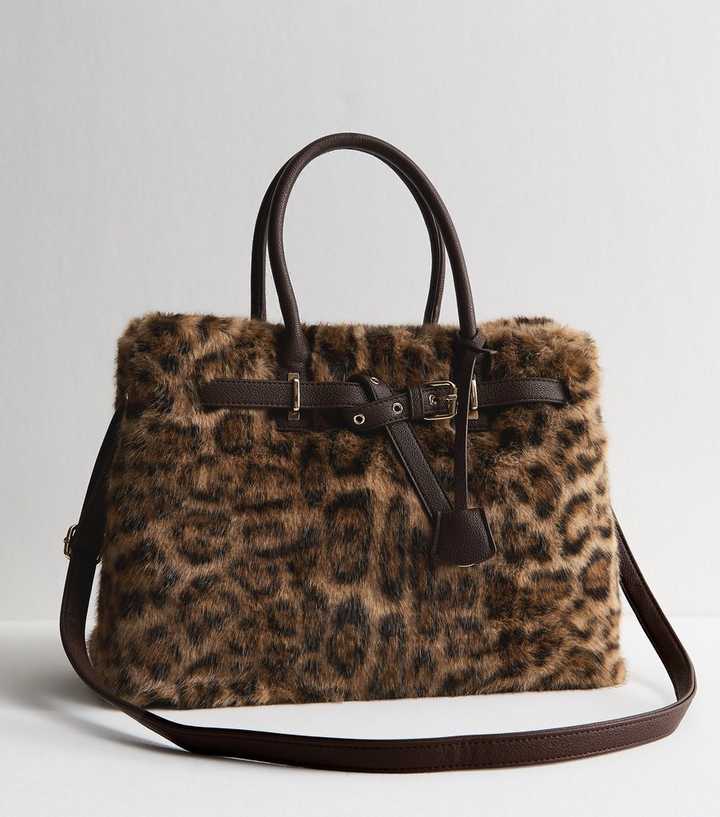 Brown Leopard Print Faux Fur Triple Compartment Tote Bag
