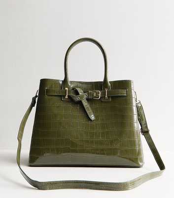 Khaki Buckle Faux Croc Triple Compartment Tote Bag