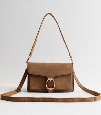 Tan Faux Suede Buckled Flap Shoulder Bag